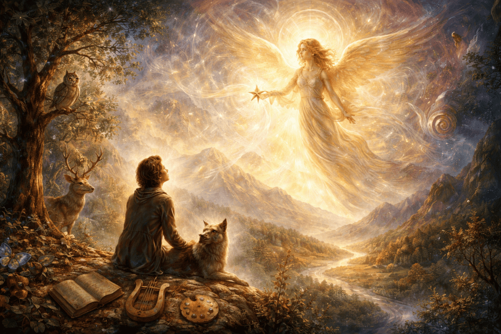 Angelo luminoso in un paesaggio magico